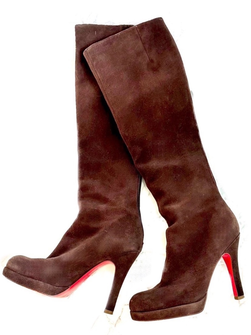 Red Bottommed Brown Suede Platform Boots - Sz 8
